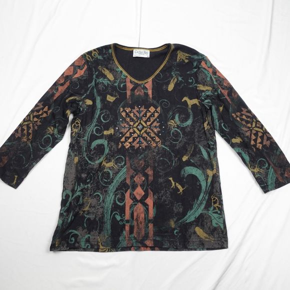 Castus Bay Apparel Shirt Women M Round Neck Embellished All Over Print Pullover - Picture 1 of 8